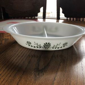 Milk glass Glass Bake divided dish #J2352 with green flowers